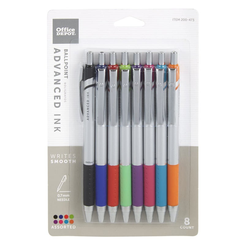 Office Depot Advanced Ink Retractable Ballpoint Pens, Needle Point, 0.7 mm, Assorted Barrels, Assorted Ink Colors, Pack Of 8 - Image 1